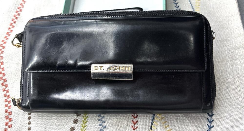 Vintage St John Italy Black Leather Wristlet Wallet Clutch Double Zip Organizer